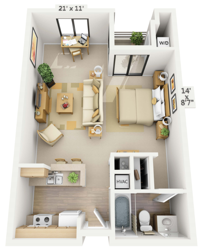 Marina Studio Floor Plan at Pine at 6th, Long Beach, CA